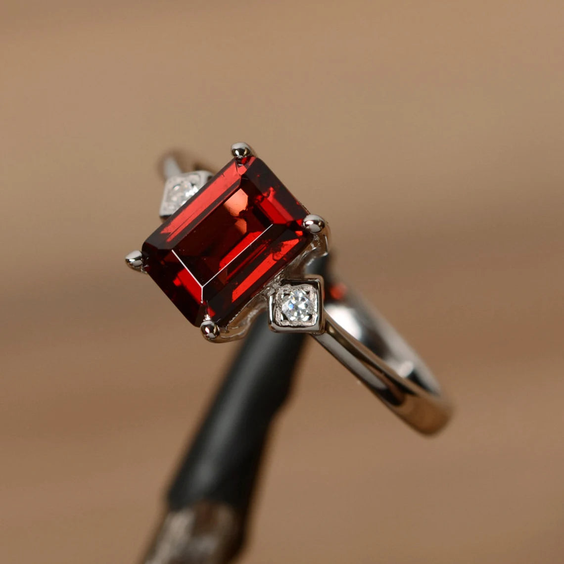 Natural Emerald Cut Garnet Promise Ring - 925 Sterling Silver Rings