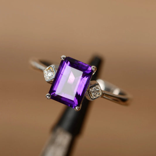 Natural Emerald Cut Amethyst Simple Promise Ring - 925 Sterling Silver Ring