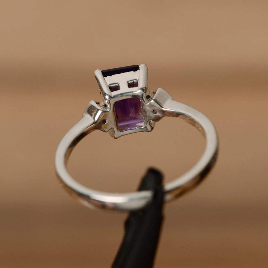 Natural Emerald Cut Amethyst Simple Promise Ring - 925 Sterling Silver Ring