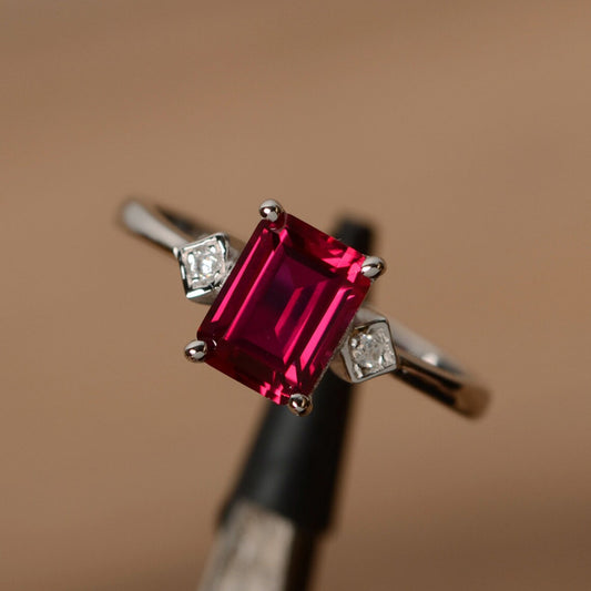 Elegant Emerald Cut Lab Created Ruby Solitaire Rings