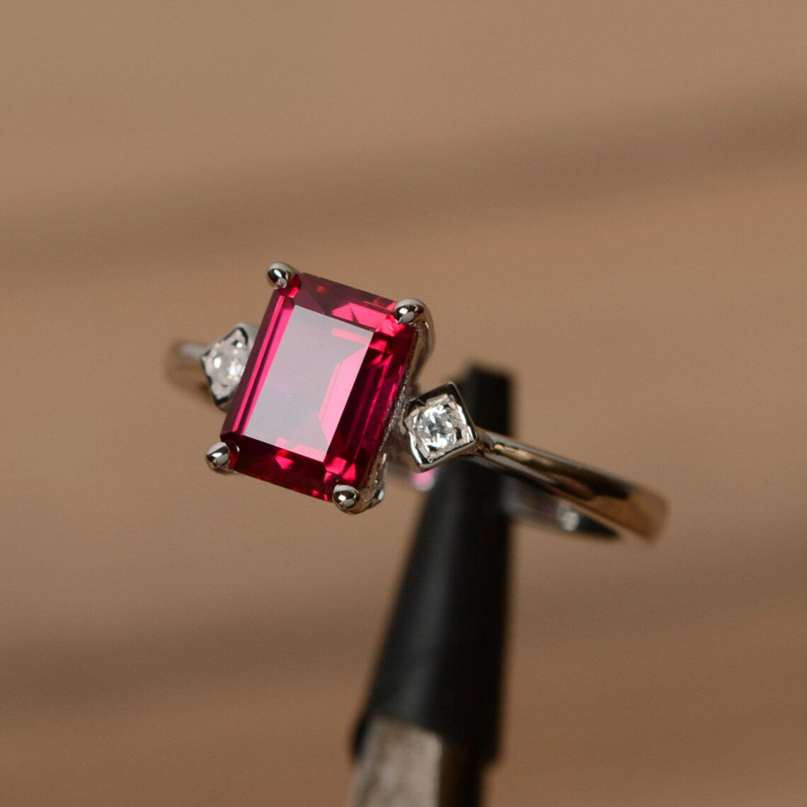 Elegant Emerald Cut Ruby Solitaire Rings - 925 Sterling Silver Ring