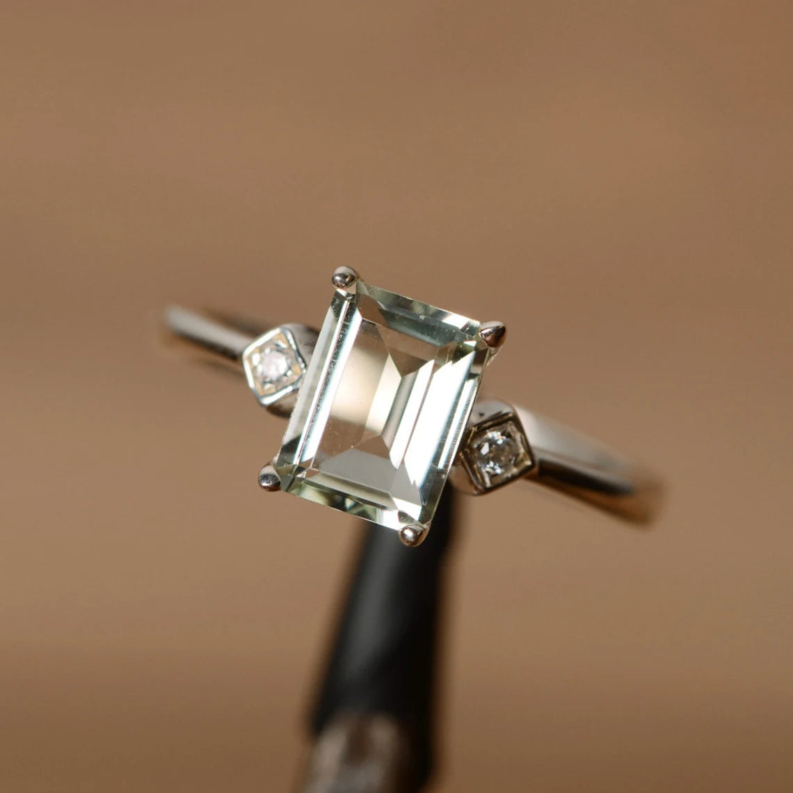 Natural Emerald Cut Green Amethyst Promise Ring