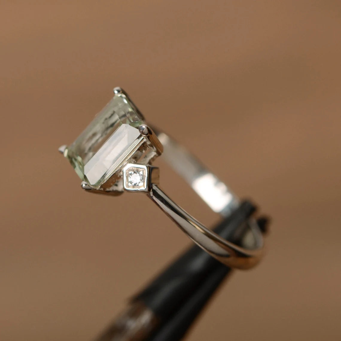 Natural Emerald Cut Green Amethyst Promise Solitaire Ring - 925 Sterling Silver Ring