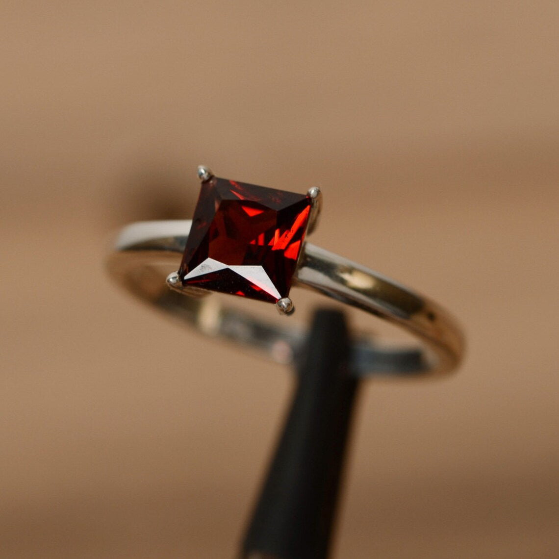 Natural Square Cut Garnet Simple Promise Rings - 925 Sterling  Silver Rings