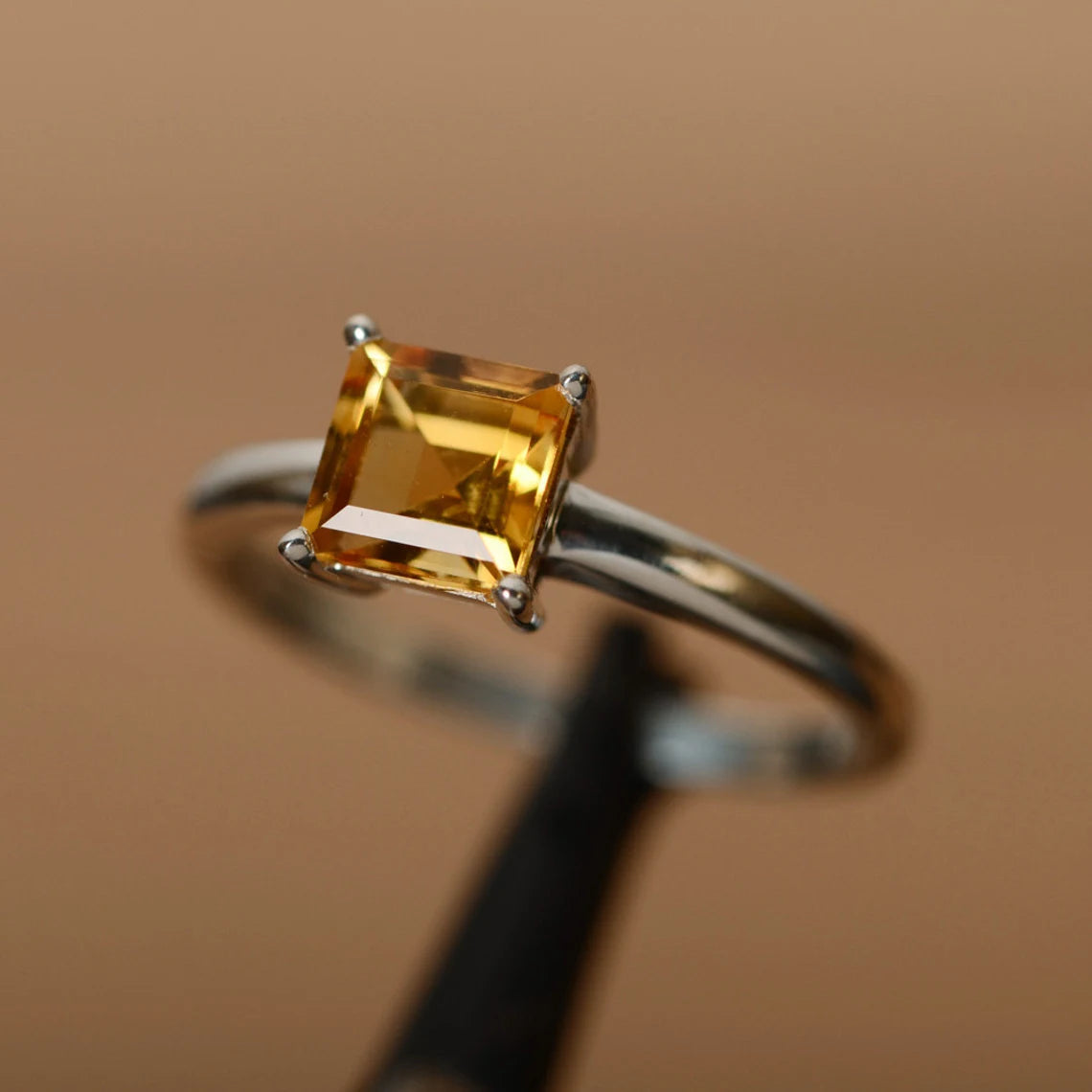 Natural Square Cut Citrine Prong Set Simple Promise Ring - 925 Sterling Silver Ring