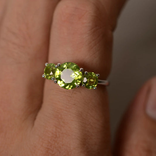 Natural Round Cut Peridot Three Stone Ring - 925 Solid Sterling Silver Ring