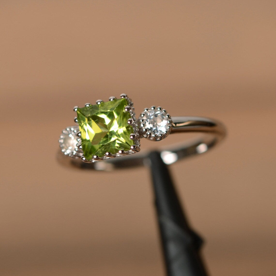 Natural Square Cut Peridot Promise Ring - 925 Sterling Silver Ring