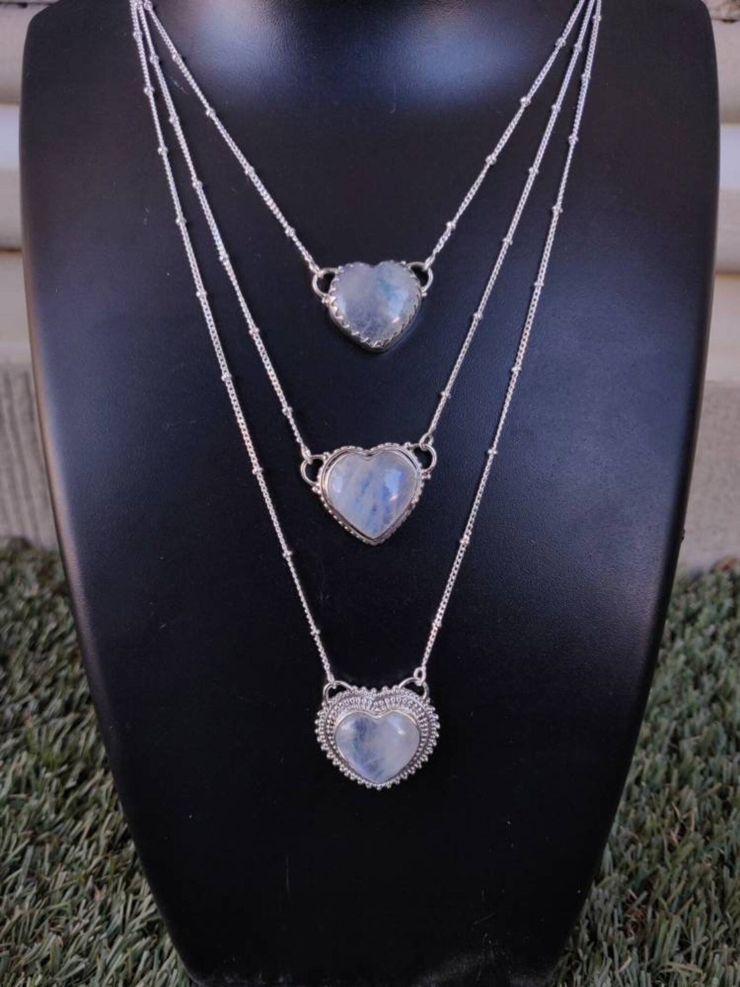 Natural Large Heart Cut Rainbow Moonstone Southwestern Style Necklace - 925 Solid Sterling Silver Necklace