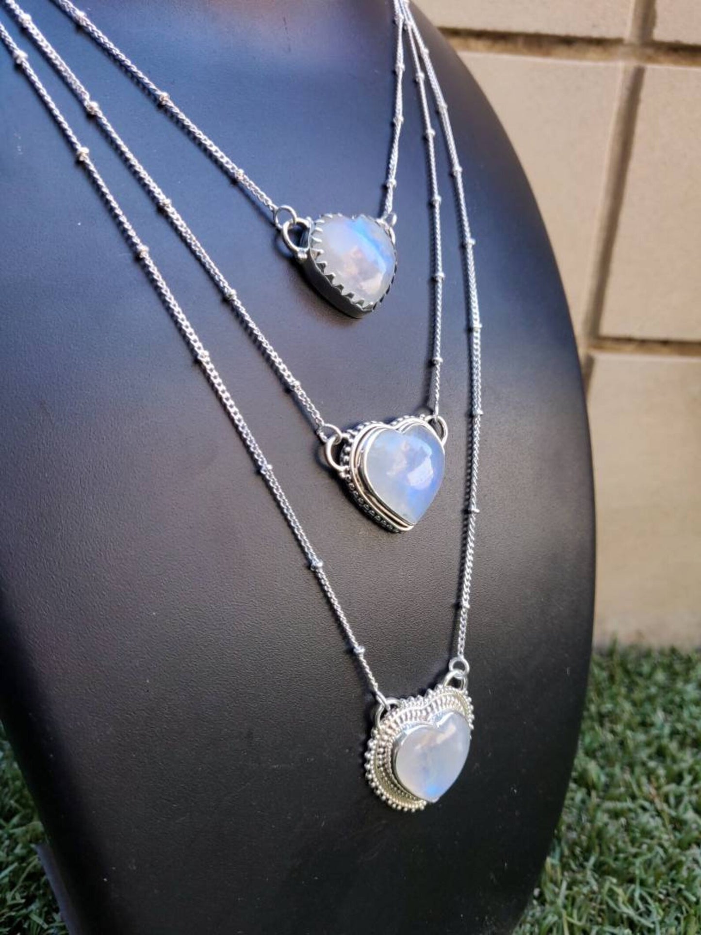 Natural Large Heart Cut Rainbow Moonstone Southwestern Style Necklace - 925 Solid Sterling Silver Necklace