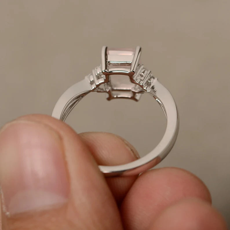 Cute Emerald Cut Rose Quartz Engagement Ring - 925 Solid Sterling Silver Promise Ring