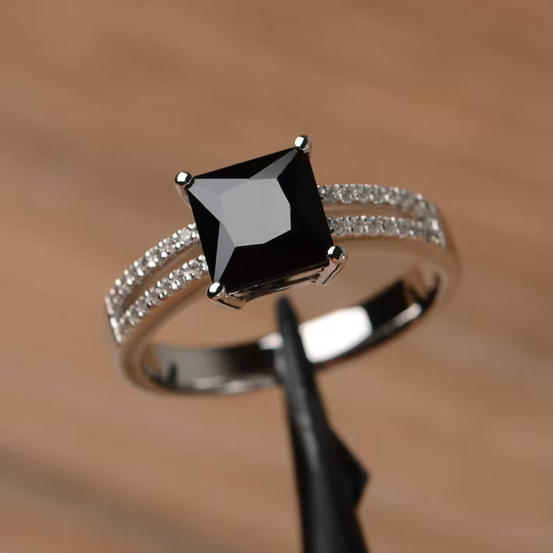 Natural Square Cut Black Onyx Vintage Promise Ring