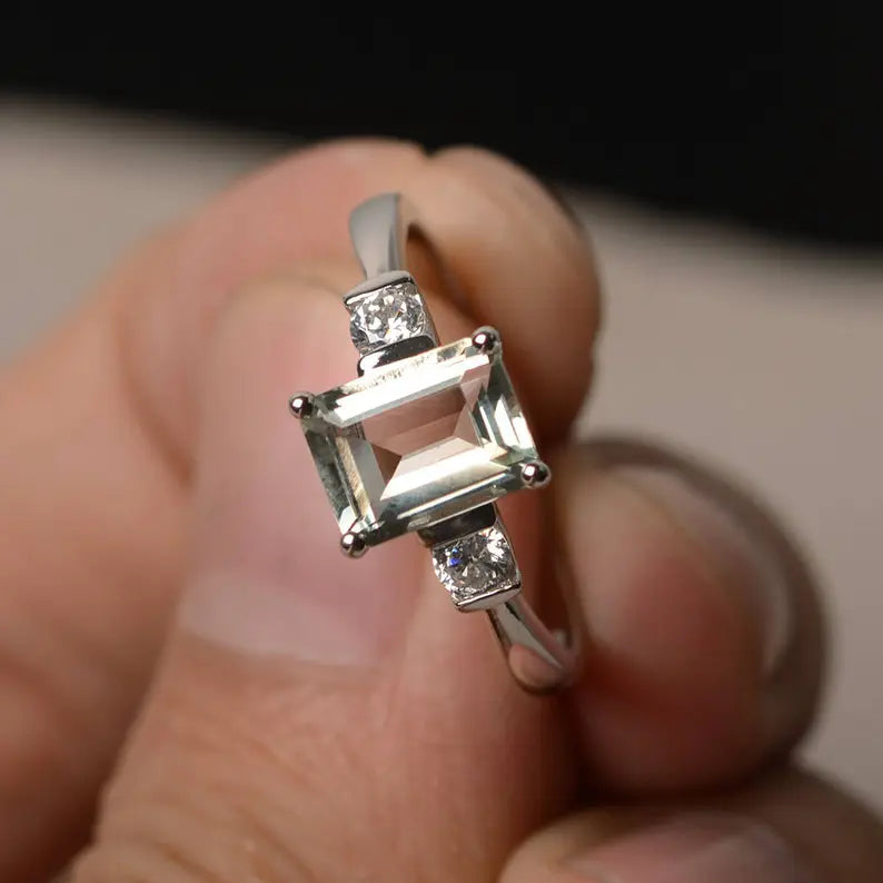 Green Amethyst Emerald Cut Three Stone Promise RIng - 925 Sterling Silver Ring