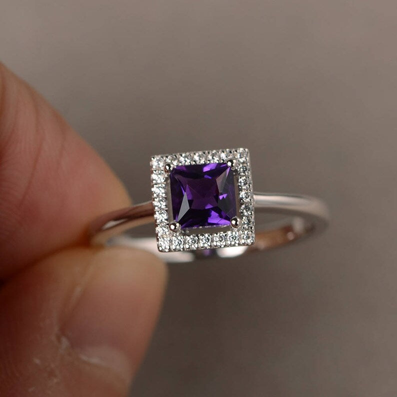 Genuine Princess Cut Amethyst Halo 925 Solid Sterling Silver Ring