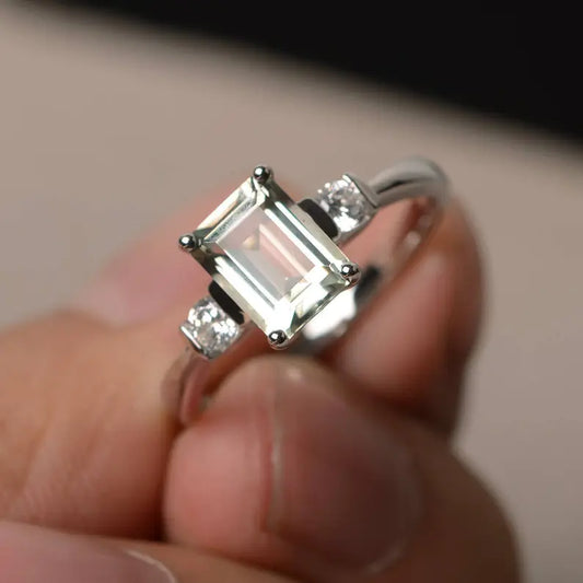 Green Amethyst Emerald Cut Three Stone Promise RIng - 925 Sterling Silver Ring