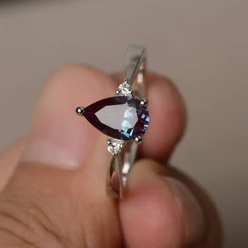 Alexandrite Pear Cut Three Stone Wedding Ring - 925 Sterling Silver Ring