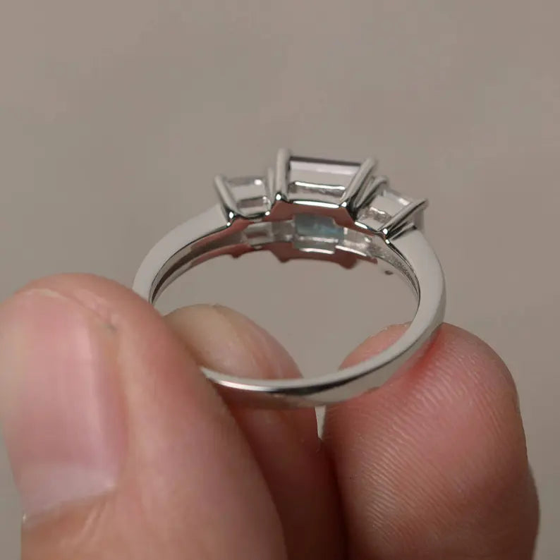 Alexandrite Square Cut Three Stone Wedding Ring - 925 Sterling Silver Ring