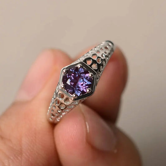 Alexandrite Round Cut Solitaire Ring - 925 Sterling Silver Ring