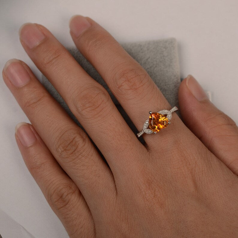 Natural Heart Cut Citrine Engagement Ring - 925 Sterling Silver Ring