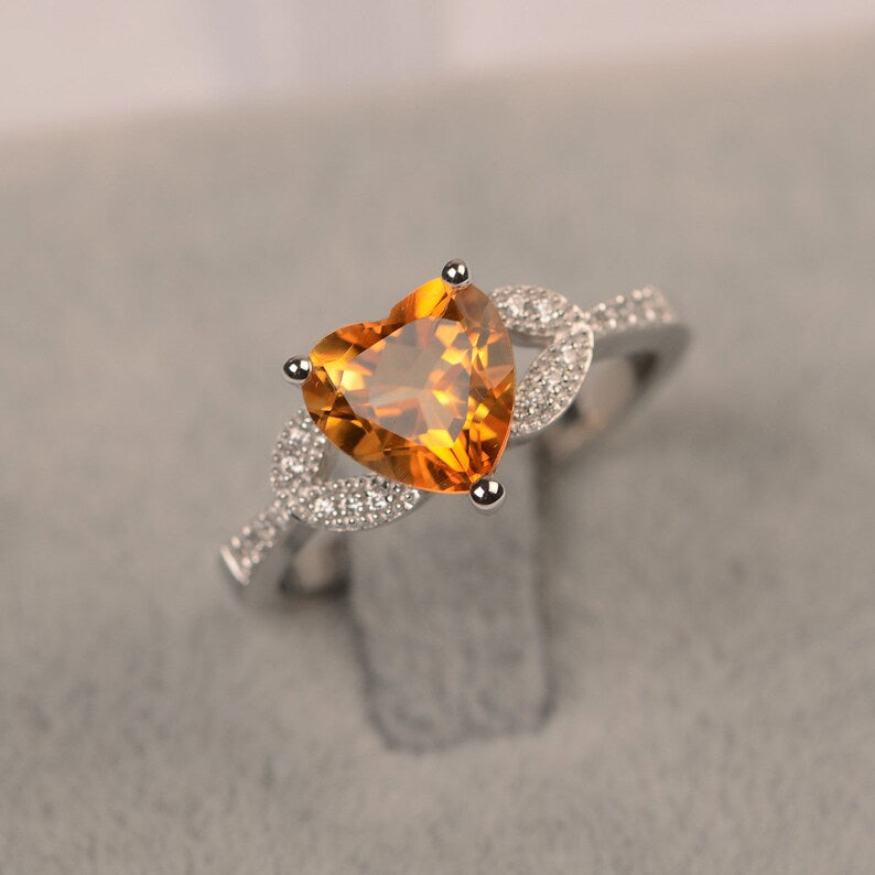 Natural Heart Cut Citrine Engagement Ring - 925 Sterling Silver Ring