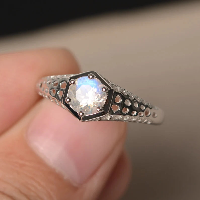 Natural Round Cut Rainbow Moonstone Wedding Ring - 925 Sterling Silver RIng