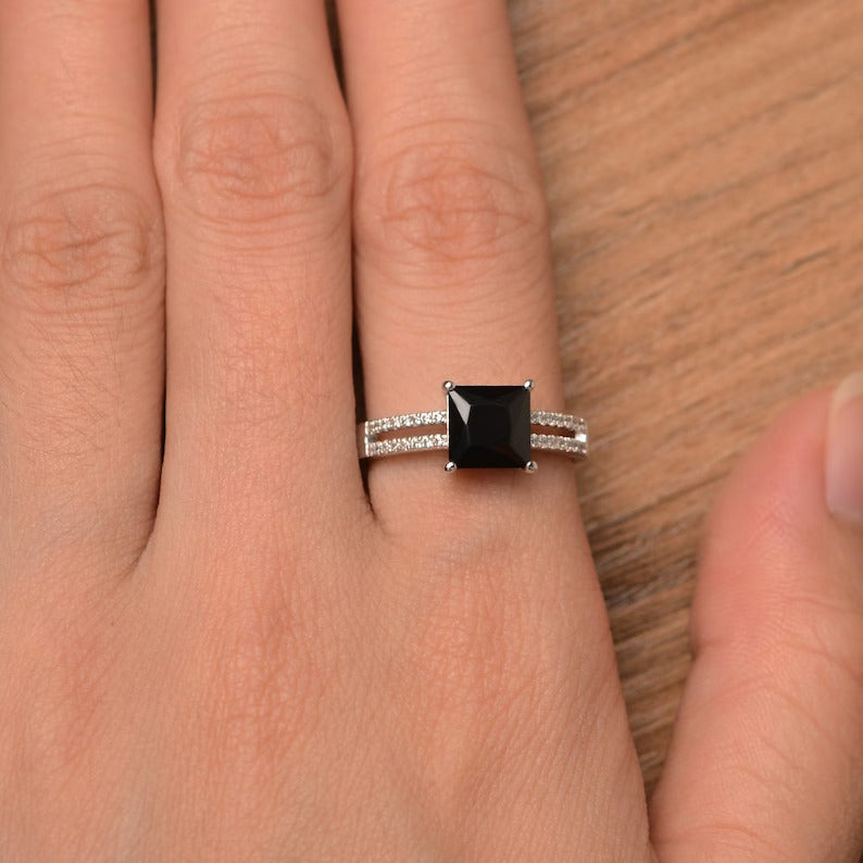 Bague de promesse en onyx noir taille carrée naturelle - Bagues en argent sterling 925