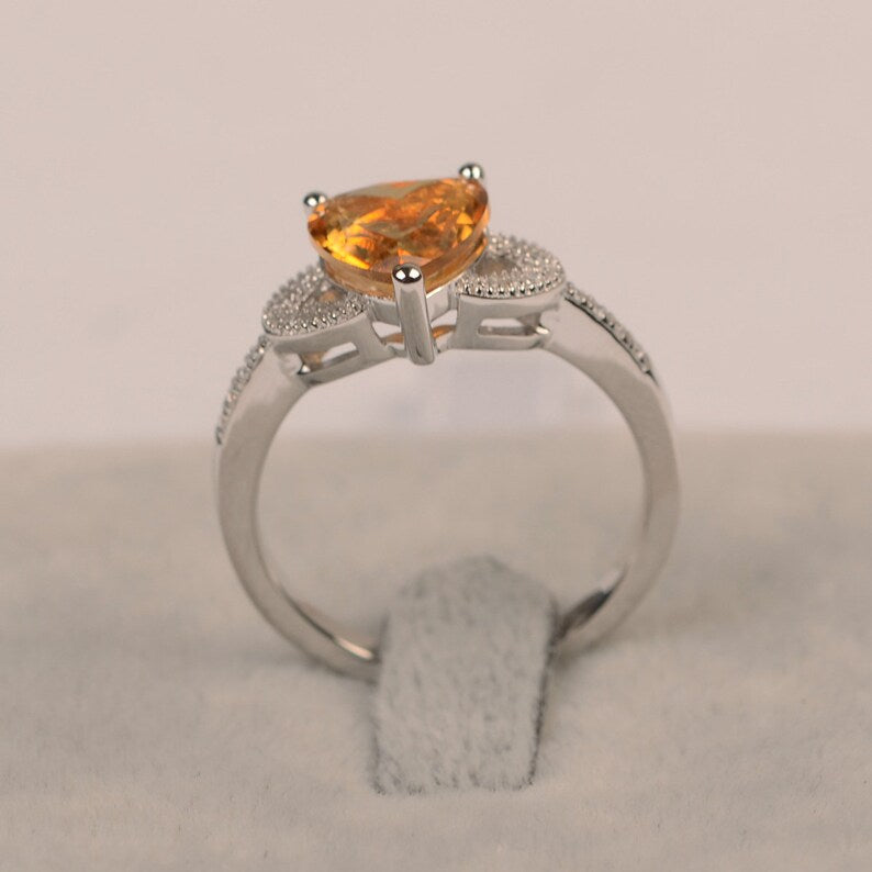 Natural Heart Cut Citrine Engagement Ring - 925 Sterling Silver Ring