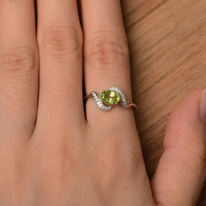 Natural Oval Cut Peridot Unique Promise Ring