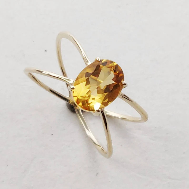 Natural Oval Cut Citrine Open Double Band Solitaire Ring - 14k Gold Vermeil Rings