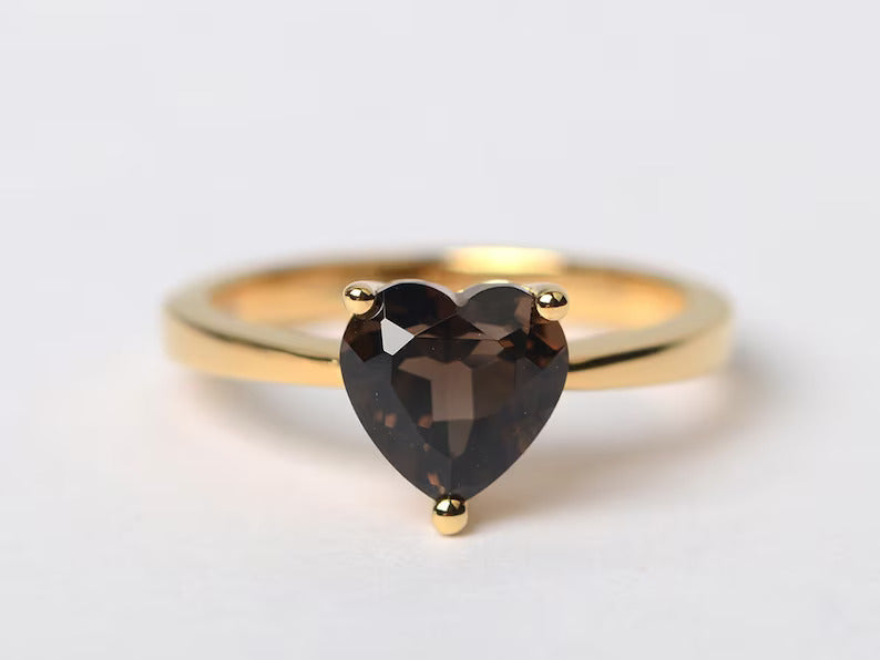 Natural Heart Cut Smoky Quartz Solitaire Ring