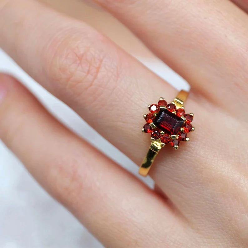 Vintage Emerald Cut Garnet Halo Engagement Ring - 14k Gold Vermeil Statement Ring