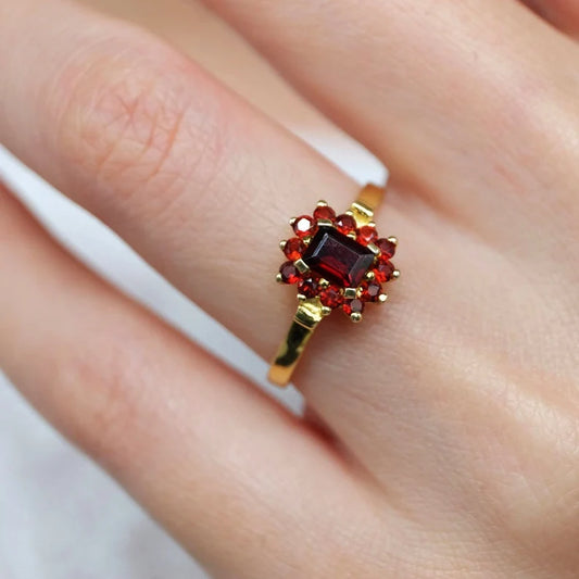Vintage Granat Ring – 14k Gold Vermeil Ring – Granat Halo Ringe