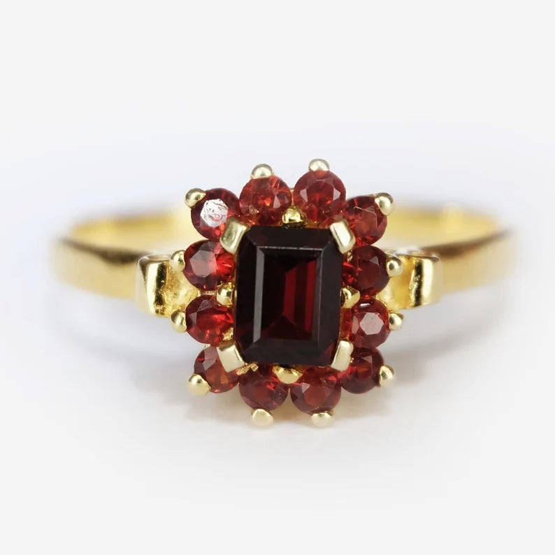 Vintage Emerald Cut Garnet Halo Engagement Ring - 14k Gold Vermeil Statement Ring