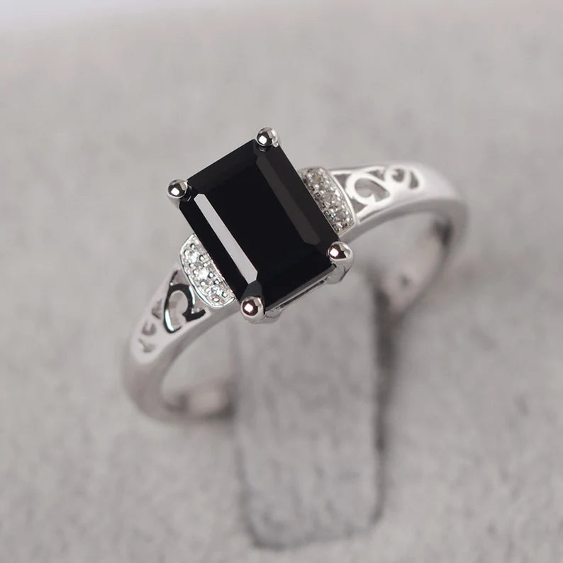 Bague de promesse en onyx noir taille émeraude naturelle - Bague en argent sterling 925