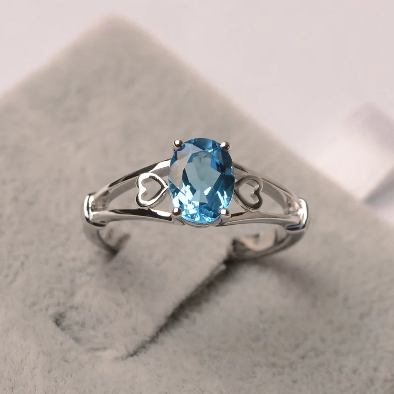 Bague solitaire topaze bleue suisse taille ovale naturelle - Bague en argent sterling 925