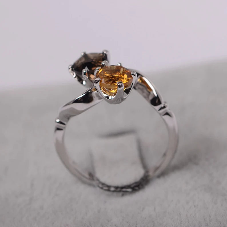 Smoky Quartz And Citrine Toi Et Moi Engagement Ring - 925 Sterling Silver Ring