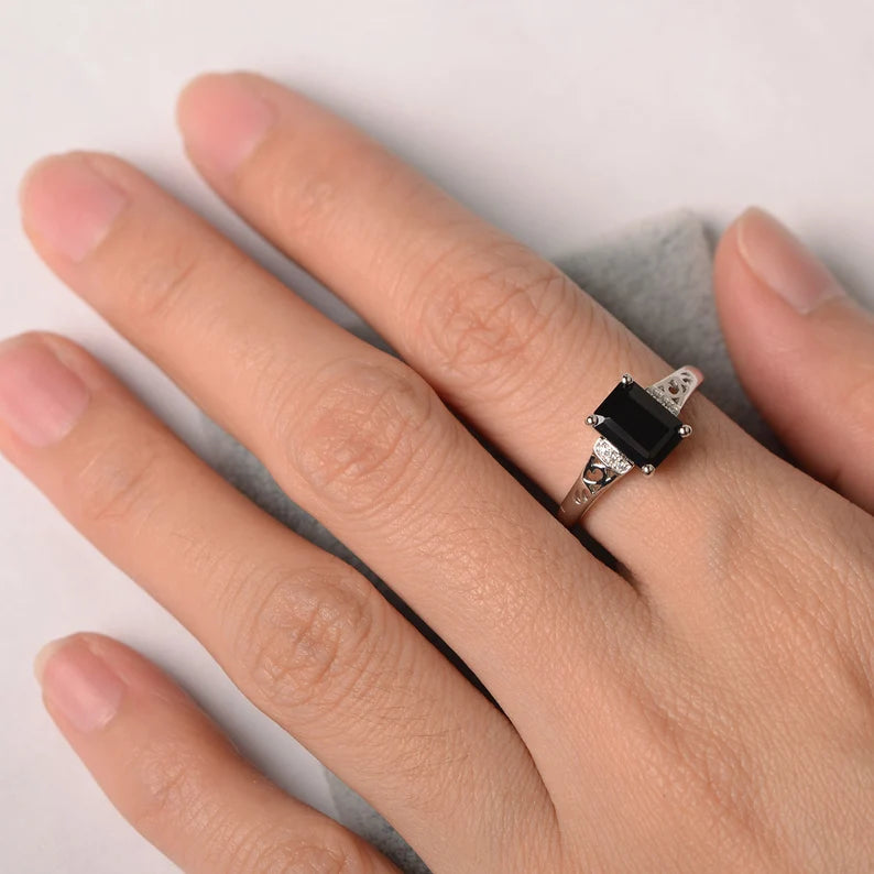 Natural Emerald Cut Black Onyx Promise Ring - 925 Sterling Silver Ring