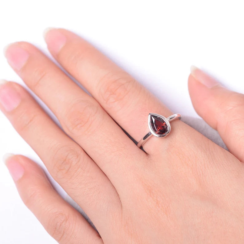 Natural Teardrop Garnet Solitaire Ring  - 925 Sterling Silver Ring