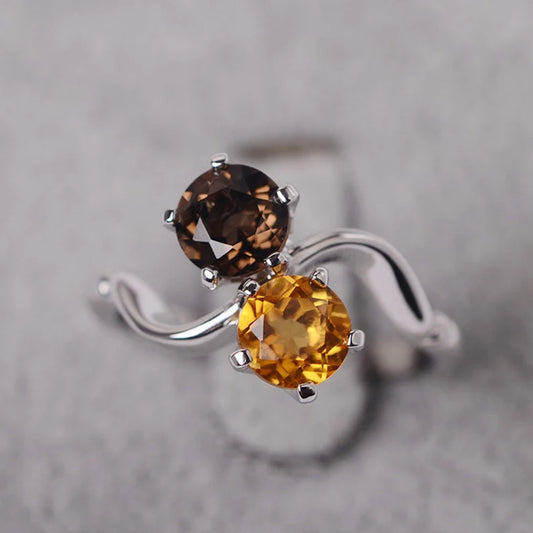 Bague de fiançailles Toi Et Moi Quartz Fumé Et Citrine - Bague En Argent Sterling 925