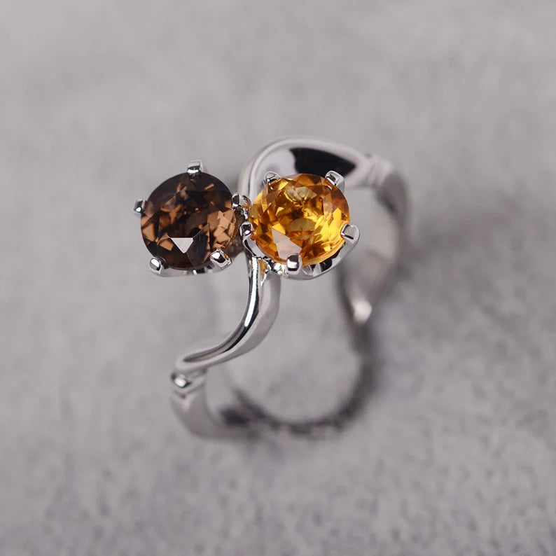 Smoky Quartz And Citrine Toi Et Moi Engagement Ring - 925 Sterling Silver Ring