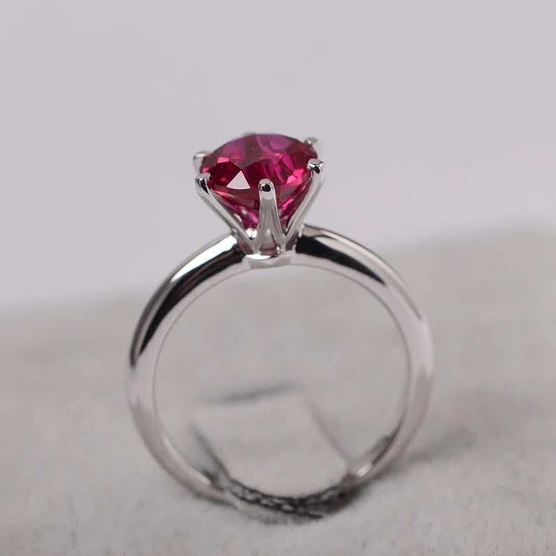 Bague solitaire rubis ronde créée en laboratoire - Bague en argent sterling 925 - Anneaux à six griffes