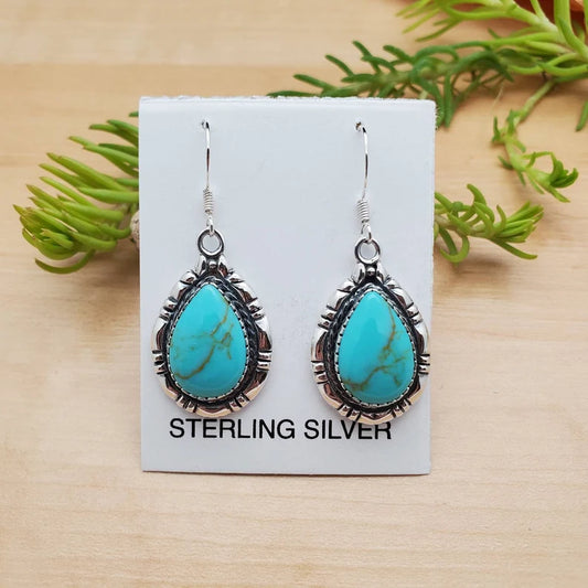 Natural Bezel Set Teardrop Turquoise Southwestern Style Earrings - 925 Sterling Silver Earrings