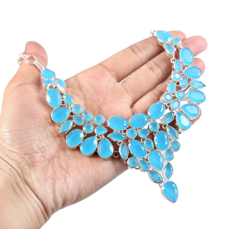 Natural Aqua Chalcedony Bib Necklace  - 925 Sterling Silver Statement Necklace