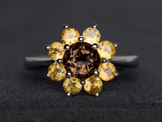 Natural Round Cut Smoky Quartz And Citrine Cluster Engagement Rings For Women - 925 Sterling Silver Rings