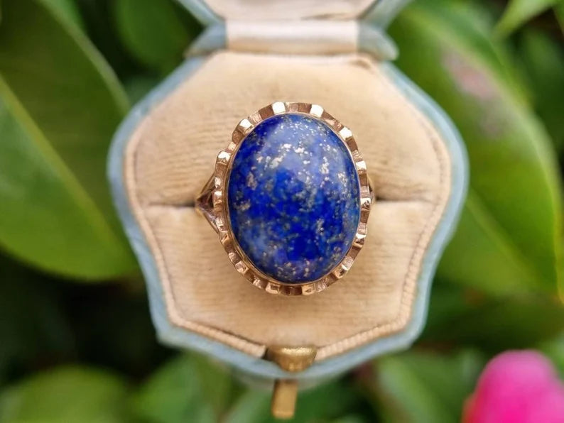 Natural Oval Cut Lapis Lazuli Bezel Set Cocktail Vintage Rings - 14k Gold Vermeil Rings For Women