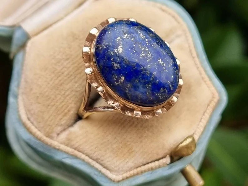 Natural Oval Cut Lapis Lazuli Bezel Set Cocktail Vintage Rings - 14k Gold Vermeil Rings For Women