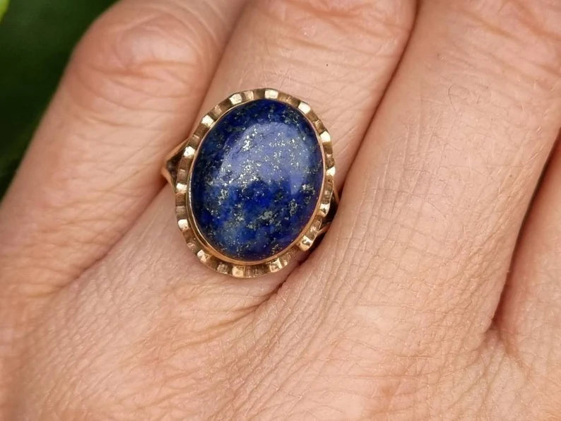 Natural Oval Cut Lapis Lazuli Bezel Set Cocktail Vintage Rings - 14k Gold Vermeil Rings For Women