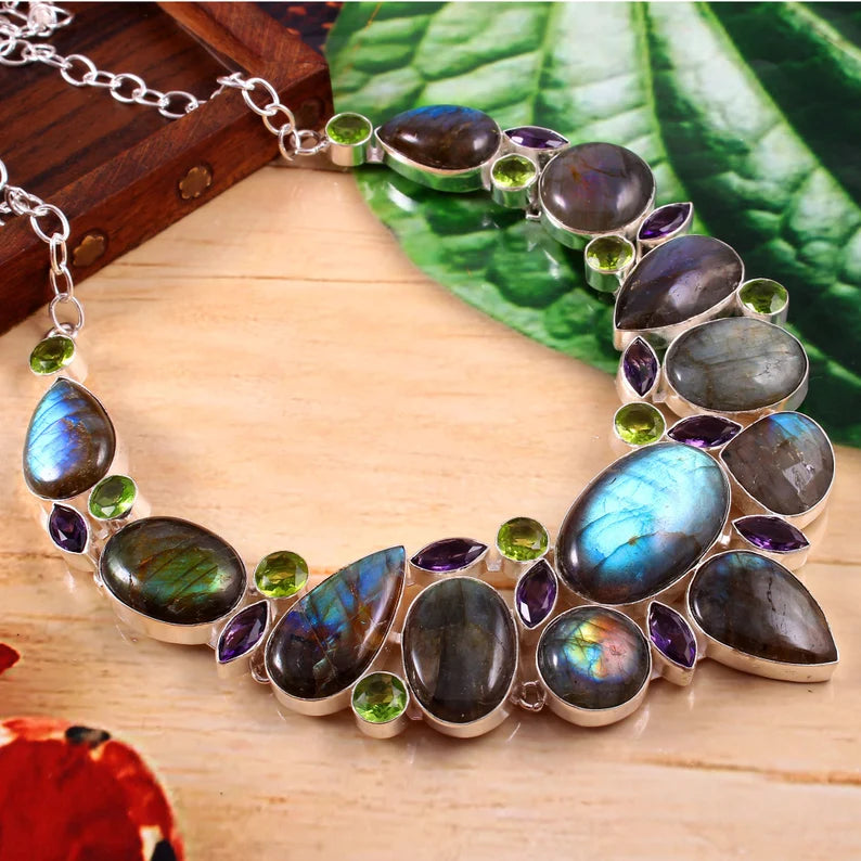 Amethyst,Labradorite And Peridot Bib Necklace For Women - 925 Sterling Silver Necklace