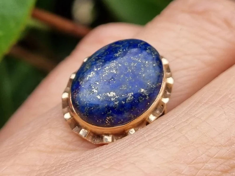 Natural Oval Cut Lapis Lazuli Bezel Set Cocktail Vintage Rings - 14k Gold Vermeil Rings For Women