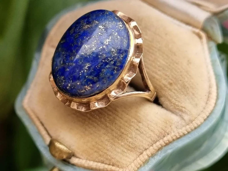 Natural Oval Cut Lapis Lazuli Bezel Set Cocktail Vintage Rings - 14k Gold Vermeil Rings For Women