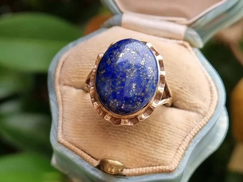 Natural Oval Cut Lapis Lazuli Bezel Set Cocktail Vintage Rings - 14k Gold Vermeil Rings For Women